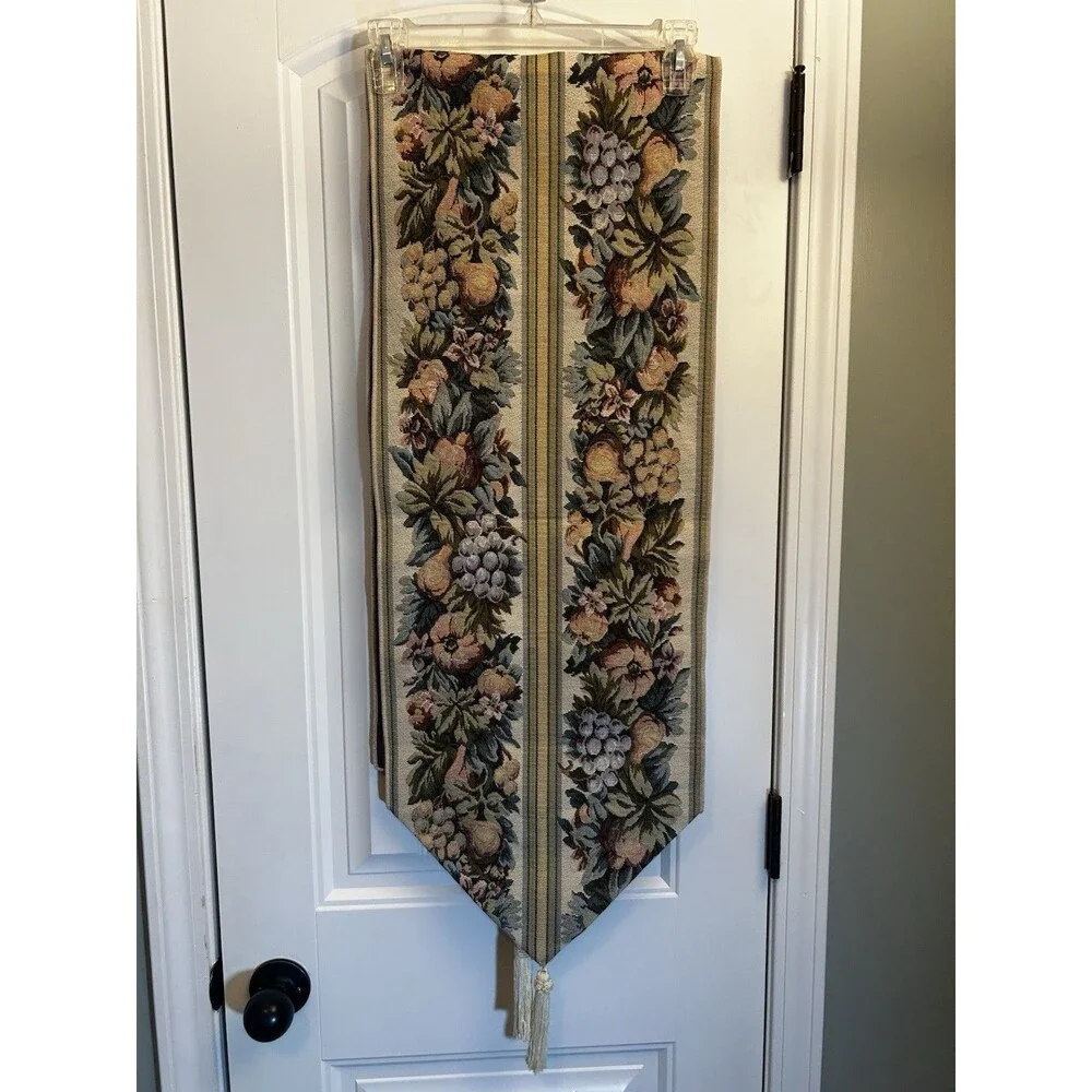 Vintage Woven Fruit Tapestry Table Runner Tassels Farmhouse Cottagecore Style